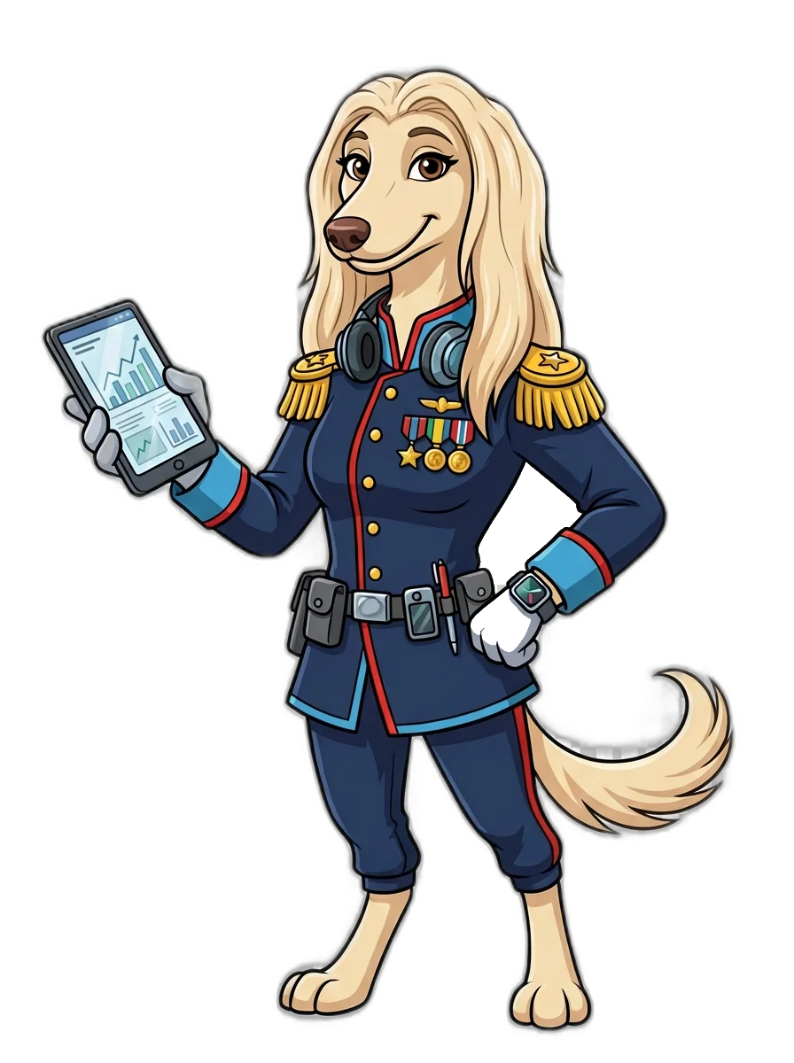 General Gidget - Swag4Brands gadget guru, an elegant Saluki in a military general uniform with tech gadgets