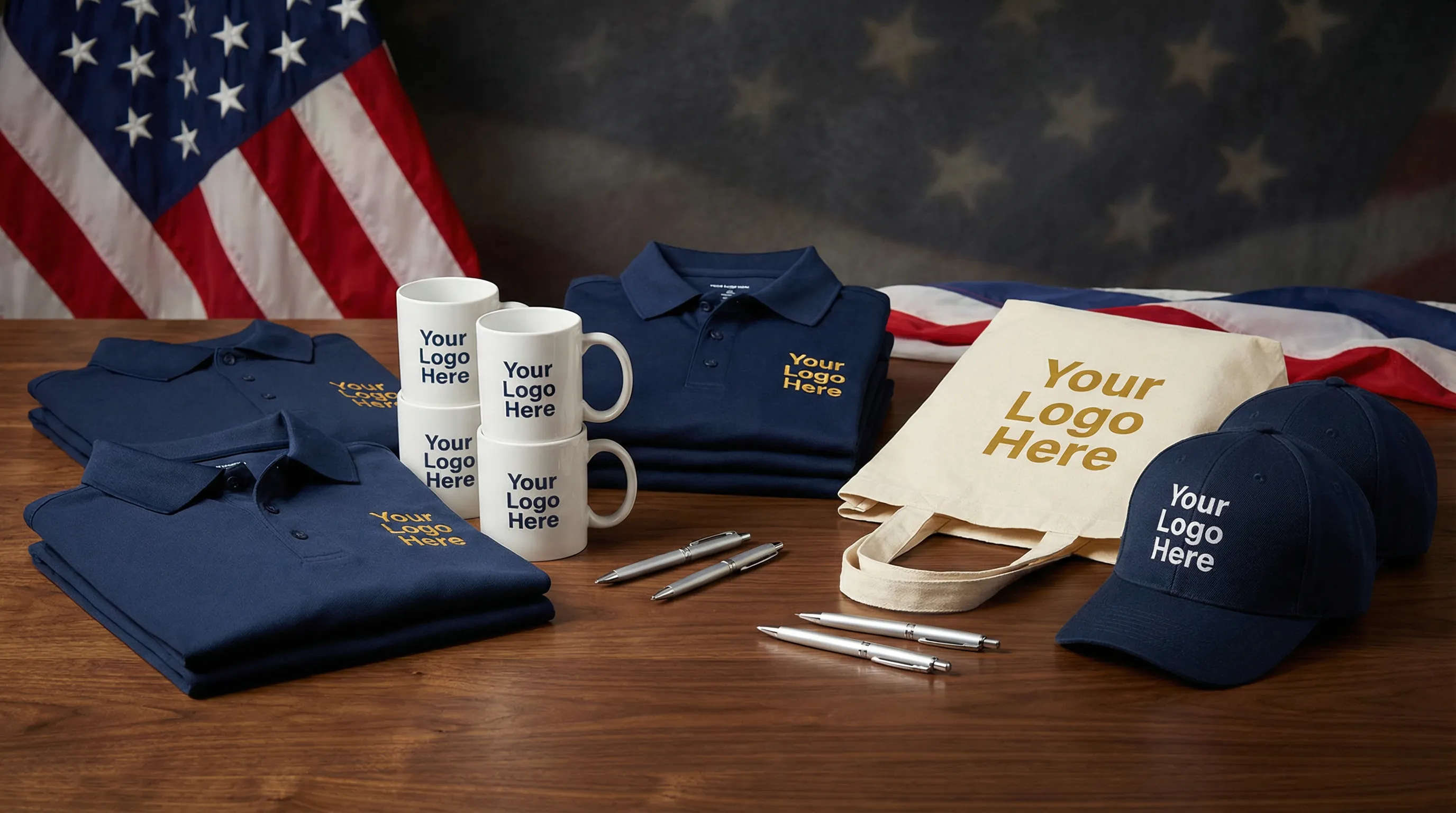American themed promotional products and branded merchandise display featuring polo shirts, mugs, caps, and tote bags