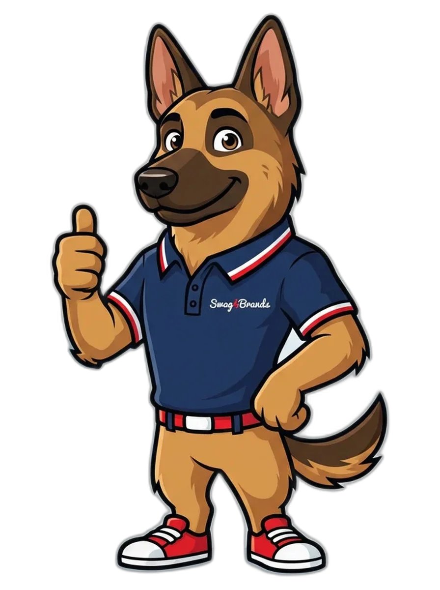 Sgt. Swaggy - Swag4Brands mascot, a friendly German Shepherd wearing a Swag4Brands polo shirt and giving a thumbs up